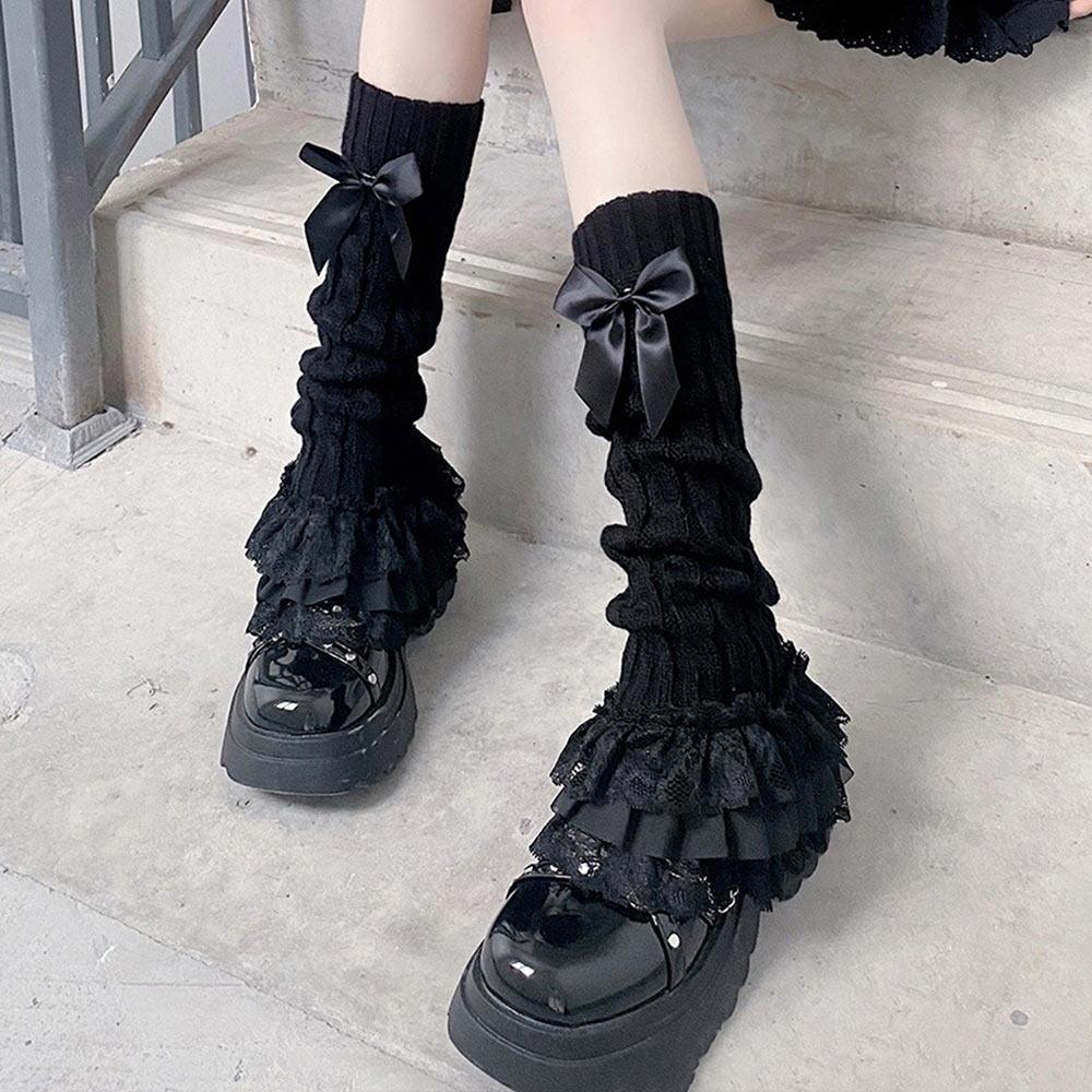 Lace Trim Lace Lolita Socks Ruffled Design Bow Tiered Socks T-shaped Lace Socks  Japanese Style