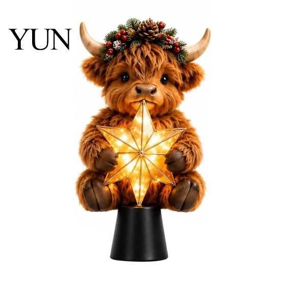 Handmade Style Tree Accents Highland Cow Glowing Star Topper, Lighted Christmas Decoration with Charming Gift for Warm LED, Battery Operated