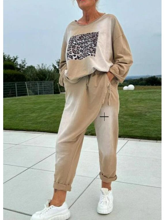 Женский осенний вязаный комплект с леопардовым принтом 2024: Европейский и американский повседневный комплект с круглым вырезом