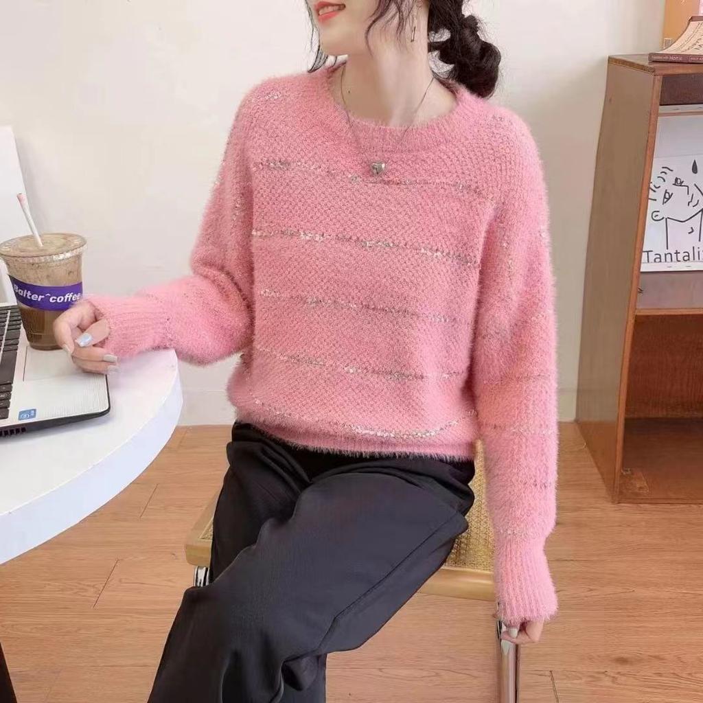 Блестящий шелковый свободный ленивый стиль верхняя одежда пуловер женский круглый вырез вязаный свитер