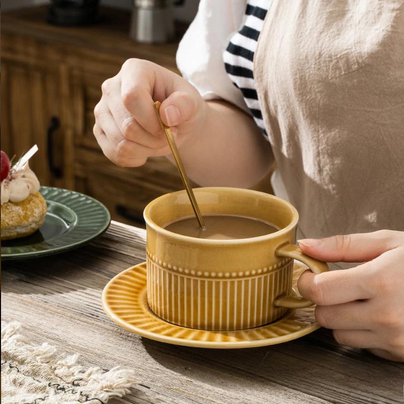 Винтажный стиль чашка для кофе и набор керамическая чашка для латте рельефный вертикальный узор чашка посудомоечная машина микроволновая печь дезинфекционный шкаф