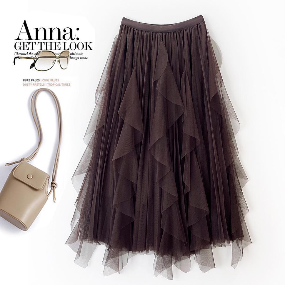 2023 Women's Irregular A-Line Pleated Gauze Skirt with Tassels