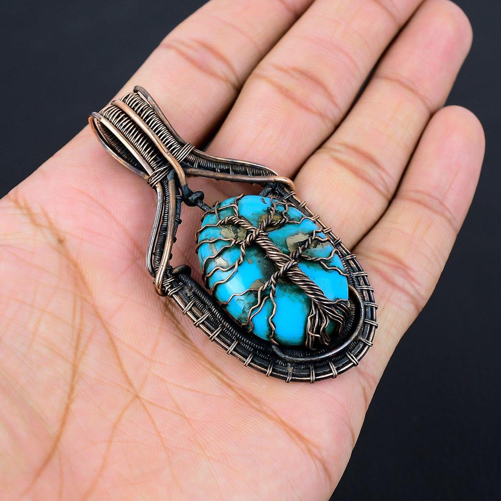 Древо жизни бирюзовый драгоценный камень чистая медная проволока обернутая подвеска ручной работы ювелирные изделия