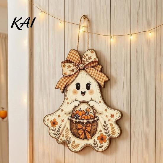 Pastoral Autumn Door Hanger Cute Bow Ghost Hanging Sign, Rustic Retro Floral Sign with Pumpkin Outdoor Fall Entryway Basket, Vintage Halloween Wooden
