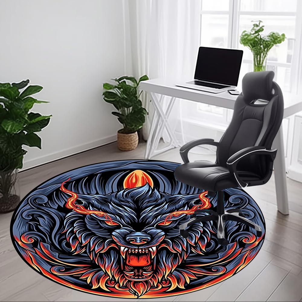 1pc Wolf Head Design Chair Carpet for Office, Round Non Slip Durable Large Size Office Carpet, Suitable for Office