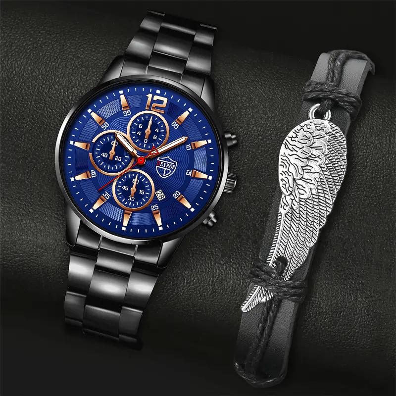 2pcs/set Fashion Men's Calendar Watch, Men's Business Stainless Steel Quartz Watch & Bracelet Necklace Set