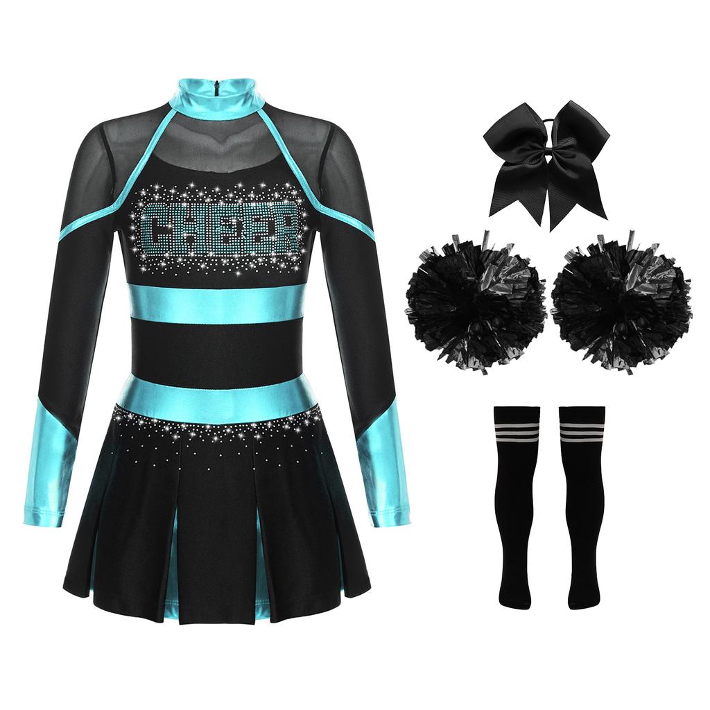 Girls Cheerleading Dance Outfit Halloween Fancy Dress Up Long Sleeve Dress Cheer Leader Uniform Masquerade Cosplay Outfits