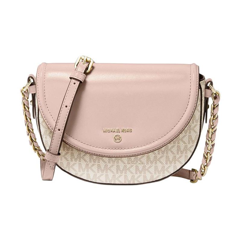 Michael Kors Mk Jet Set Charm Классическая Монограмма Color Block Кожаная Сумка-Седло Средняя Женская Сумка через Плечо Ванильно-Белый Телесно-Розовый 32T0GT9C6B-173
