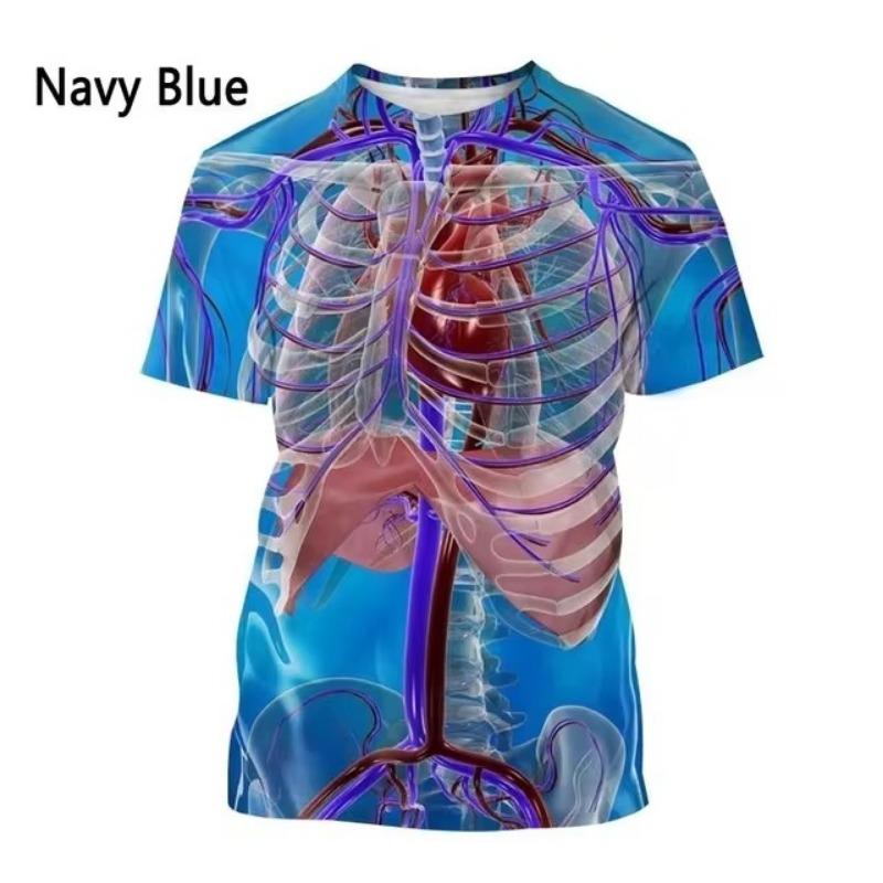 Fashion New Printing Human Organs and Bones Men's T-shirt Casual Short Sleeved Round Neck Harajuku Large Comfortable
