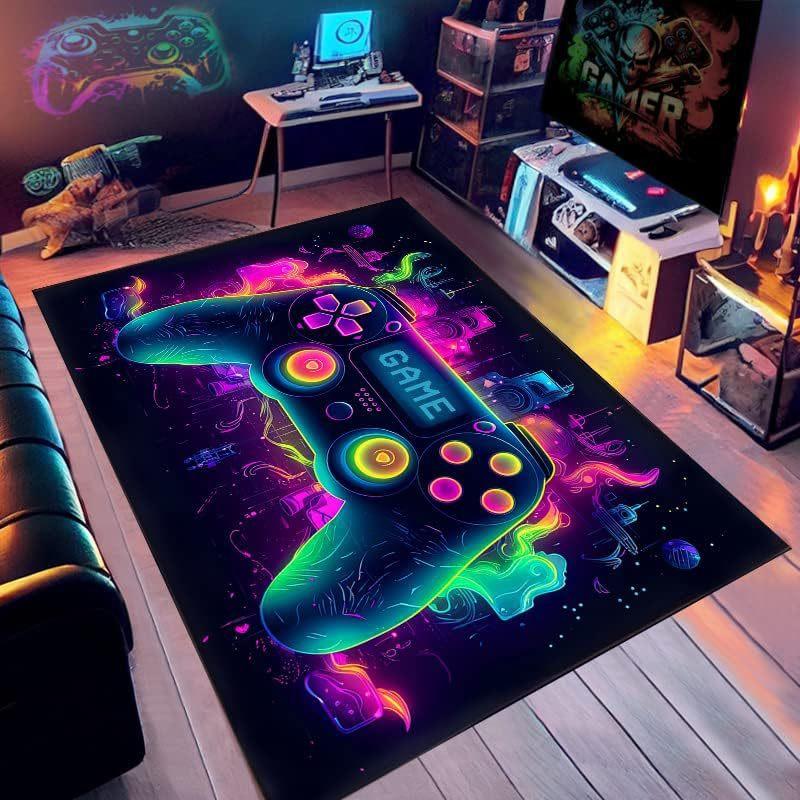 Gaming Lover's Delight Neon Gamepad Non - Slip Area Rug Anti - Skid Foam Backing Perfect for Living Room/Bedroom Gamer Decor