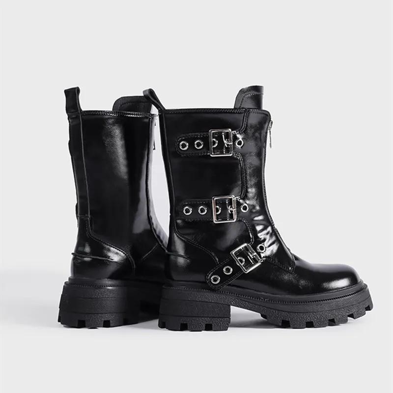 Модные ботильоны из кожи на массивном каблуке с заклепками Женские Осенне-зимние Ботинки Панк Мотоциклетные Ботинки Обувь на высокой платформе