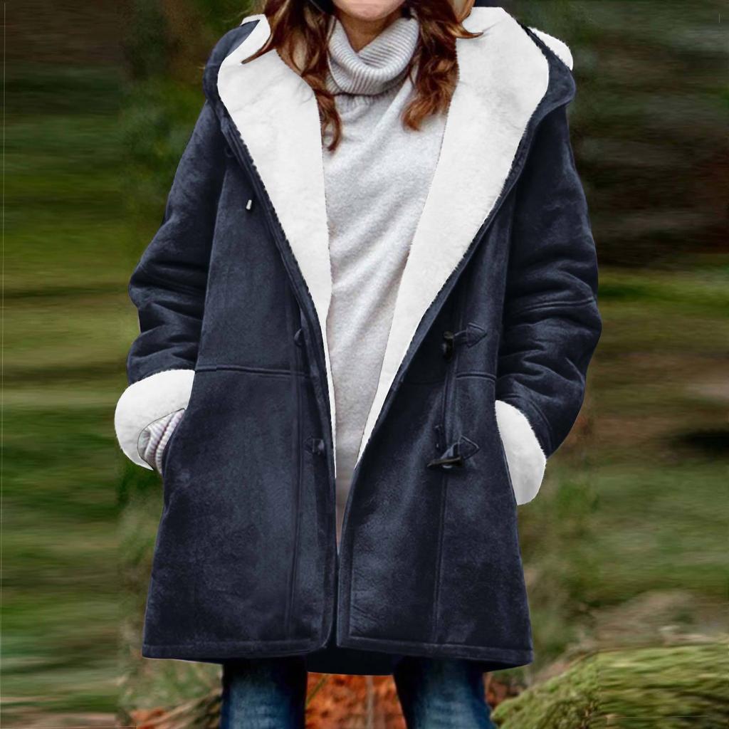 Women's Winter Coat Fleece Lined Jacket Long Sleeve Horn Button Plush Warm Coat