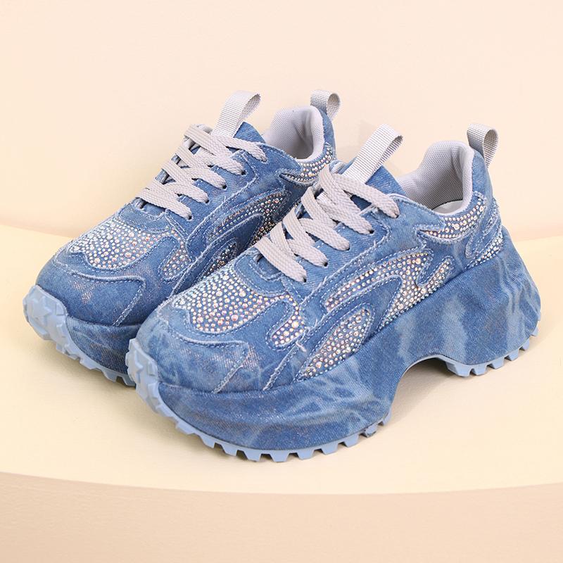 Мода Мода Стразы Массивные Кроссовки Женские Синий Деним Толстая Подошва Шнуровка Спортивная Обувь Женская Большой Размер Нескользящие Кроссовки на Платформе