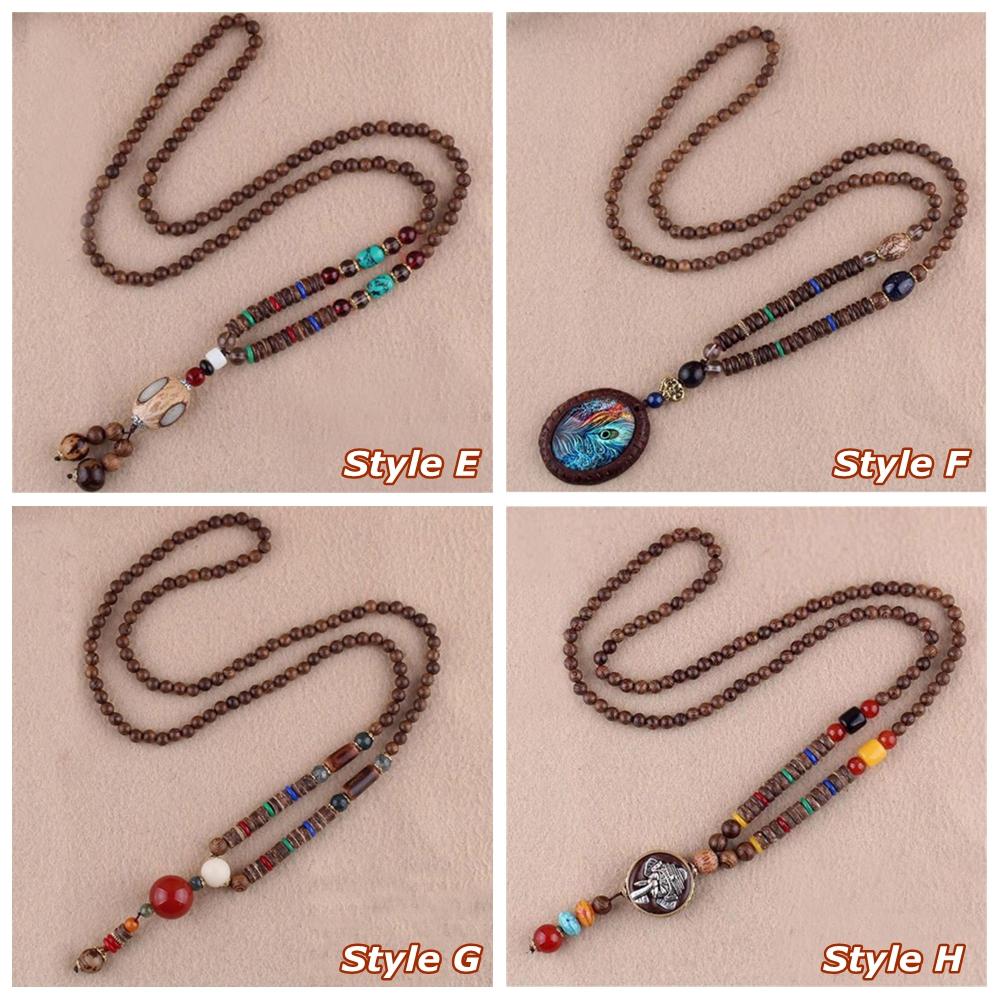 Мужской талисман удачи Этнические украшения Вечеринка Ручная работа Узор из перьев Непал Ожерелье Буддийская мала Деревянные бусины