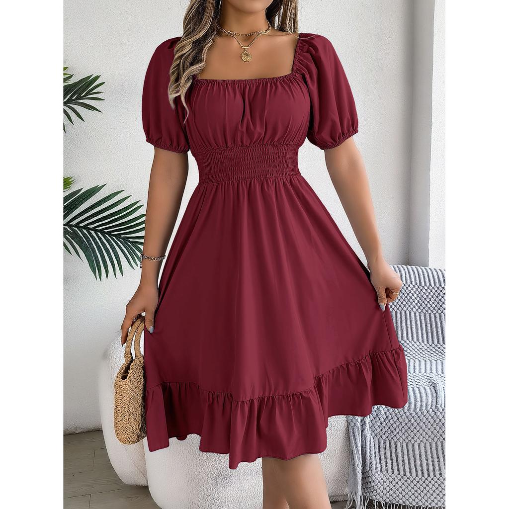 Fashion Women's Square Collar Short Sleeve Pleated High Waist Dress Women Casual Office Career Business Dresses Solid Color Dress Women