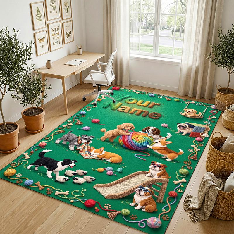 Dog Theme Crystal Velvet Rug Personalized Custom Name Text Soft Floor Mat Home Decor