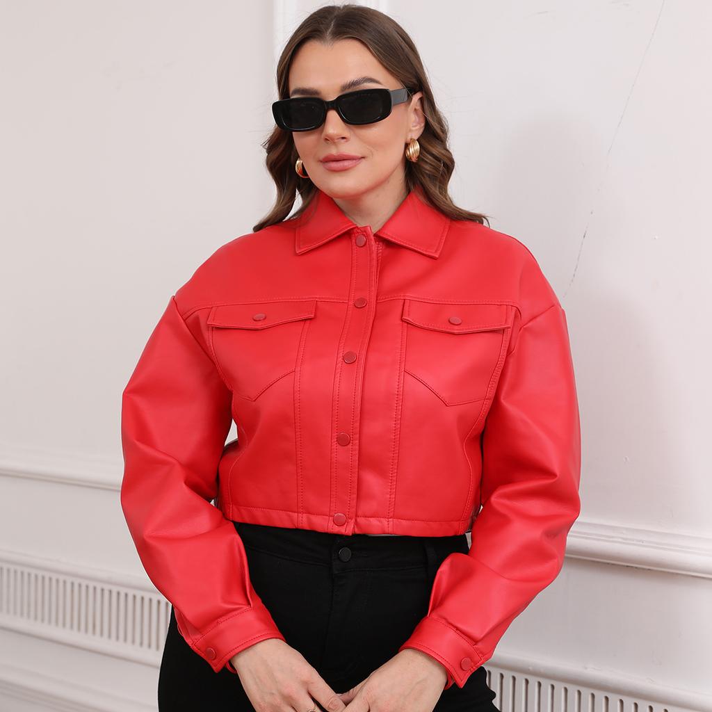 Весна и осень Большой размер Новая свободная повседневная кожаная куртка женская с длинным рукавом однобортная женская короткая куртка