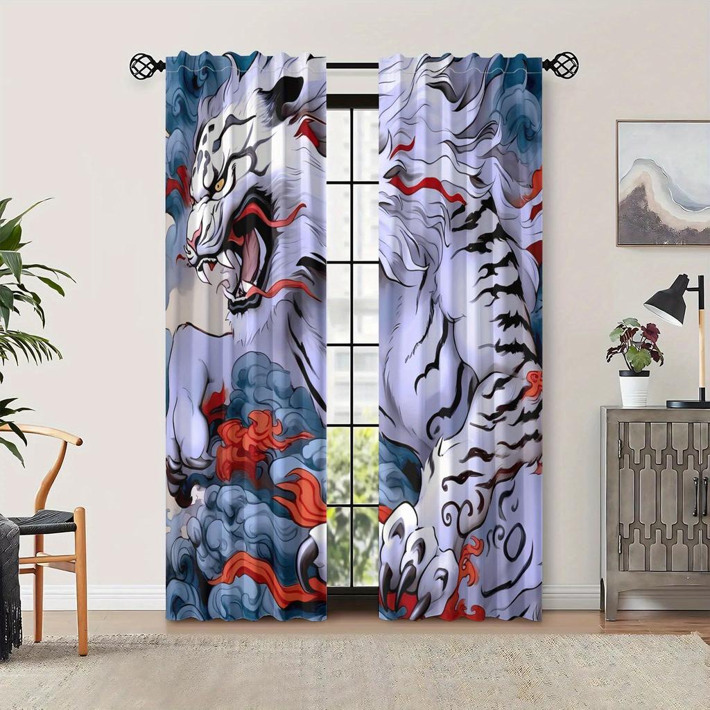 2pcs Vintage-Style White Tiger Print Curtains - Blackout, Rod Pocket, Machine Washable Polyester, Living Room Decor with Dram