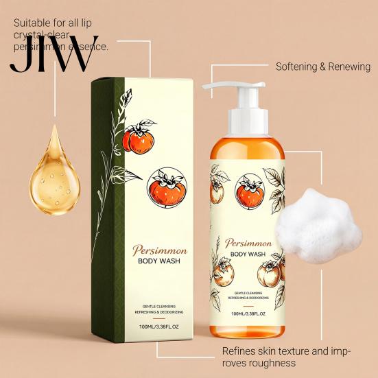 Deep Pore Cleansing Wash Persimmon Body Wash, 100ml Gentle Exfoliating Shower Gel with Fresh Non Irritating Fruit Scent, Mild Daily Cleanser