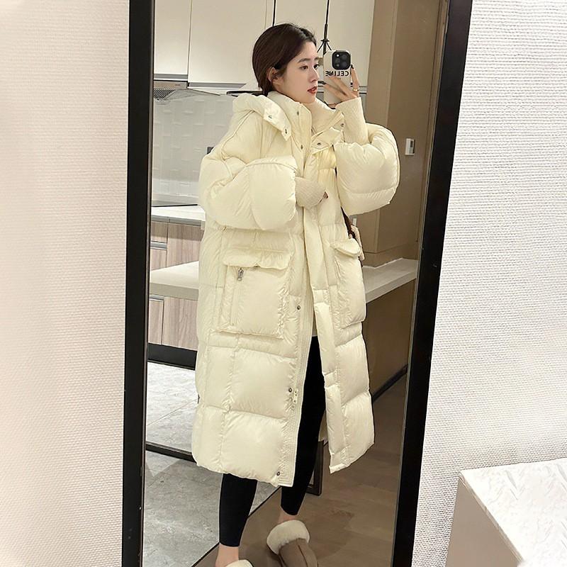 Womens Long Down Coat 2026 Winter Loose Puffer Jacket White Goose Hooded Warm Outdoor Wear