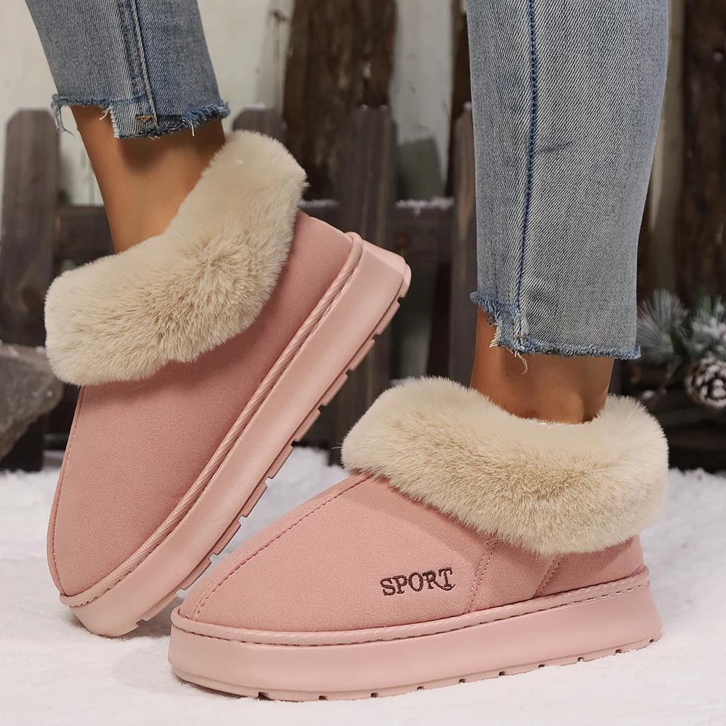 Anti-slip Thick Plush Snow Boots Women Faux Suede Platform Fur Winter Boots Woman Slip On Warm Cotton Padded Shoes Female 45