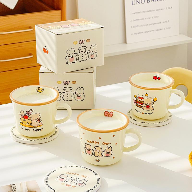 ins cream wind ceramic mug, cute rabbit coffee water cup living room children's household breakfast milk cup