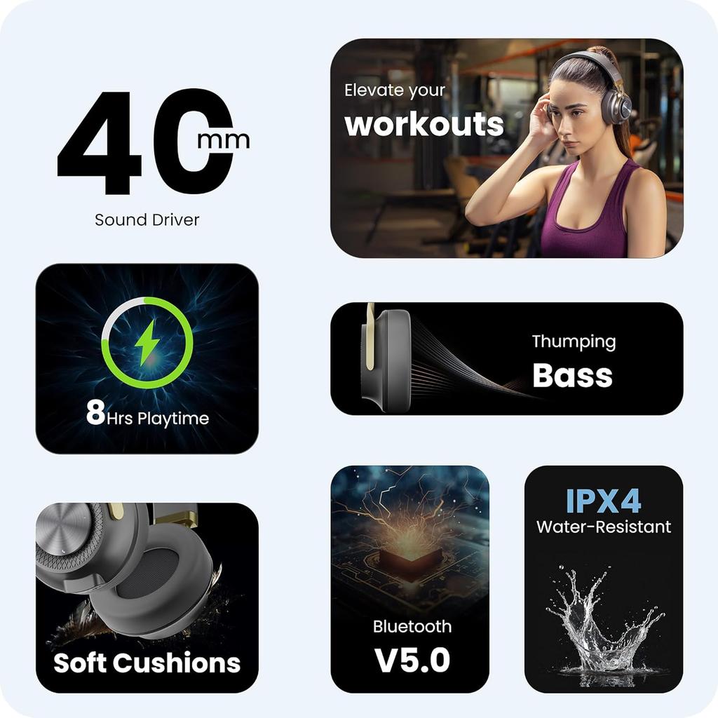 Hammer Bash 2.0 Over The Ear Wireless Bluetooth Headphones with Mic, Deep Bass, Foldable Headphones, Upto 8 Hours Playtime, Bluetooth 5.0 (Grey)