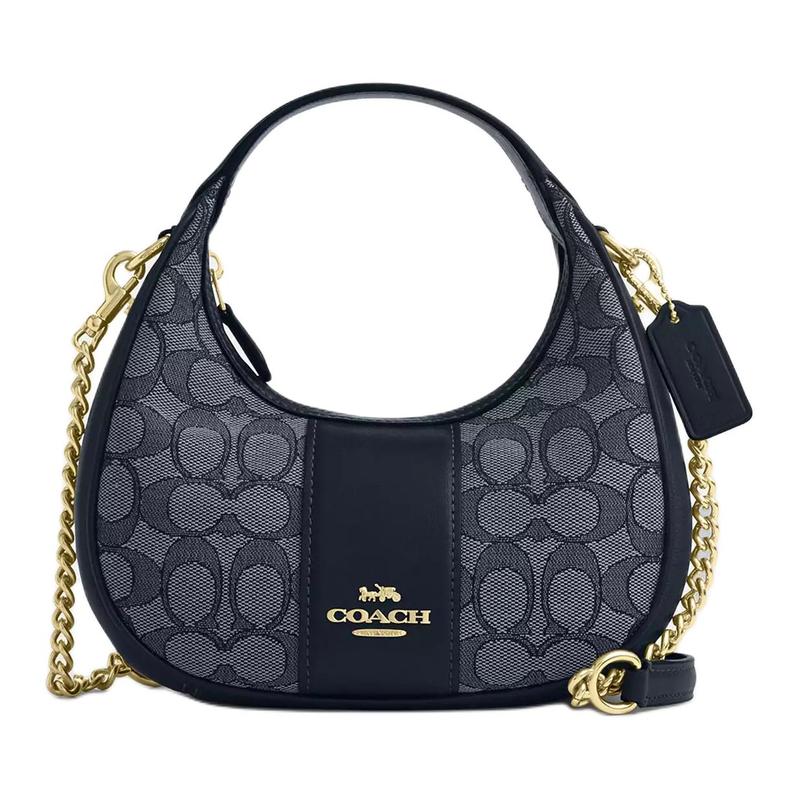COACH CARMEN 19 Brand Logo zipper closure Cow leather patchwork One-shoulder crossbody handbag Small size Women's Denim blue