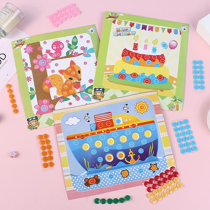 Children Handmade DIY Toys Button/Pompom/Diamond Stickers Drawing Toy Puzzle Early Education Color Cognition Birthday Gift TMZ