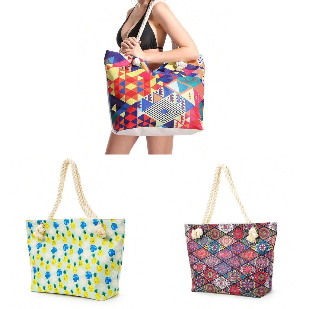 Bohemian Geometric Big Capacity Handheld Bag With Inner Pouch For Travel And Outdoor Activities