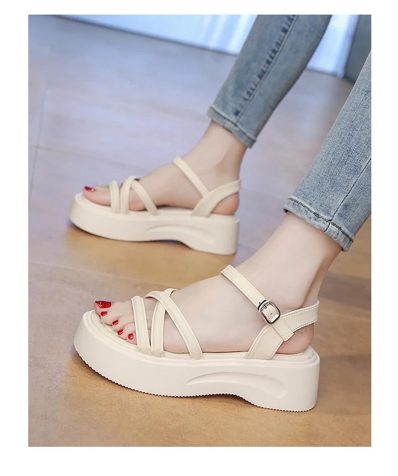Women's Sandals Platform Sole One-line Buckle Narrow Band Shoes Women Leisure Daily Round Toe Roman Concise Sandalias De Mujer