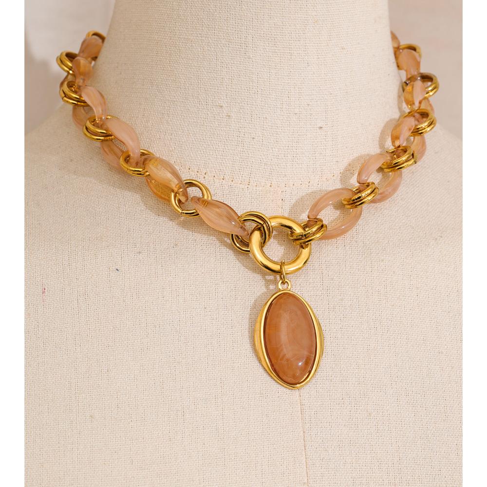 Yhpup Resin Acrylic Handmade Chain Oval Pendant Fashion Statement Necklace 18K Golden PVD Plated Trendy Waterproof Jewelry Gift