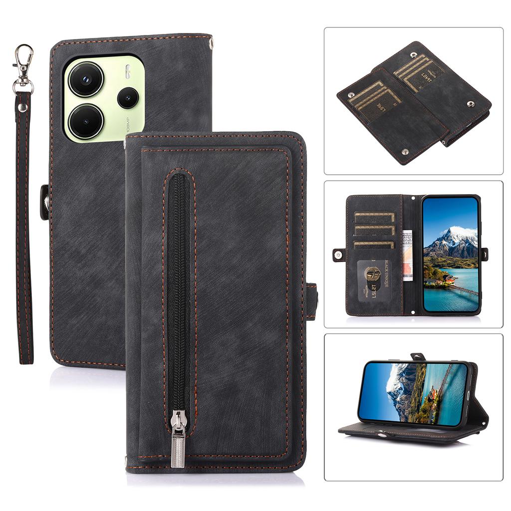For Xiaomi Redmi Note 14 4G (164.84mm) Case Zipper Pocket 9 Card Slots PU Leather Phone Cover with Wrist Strap