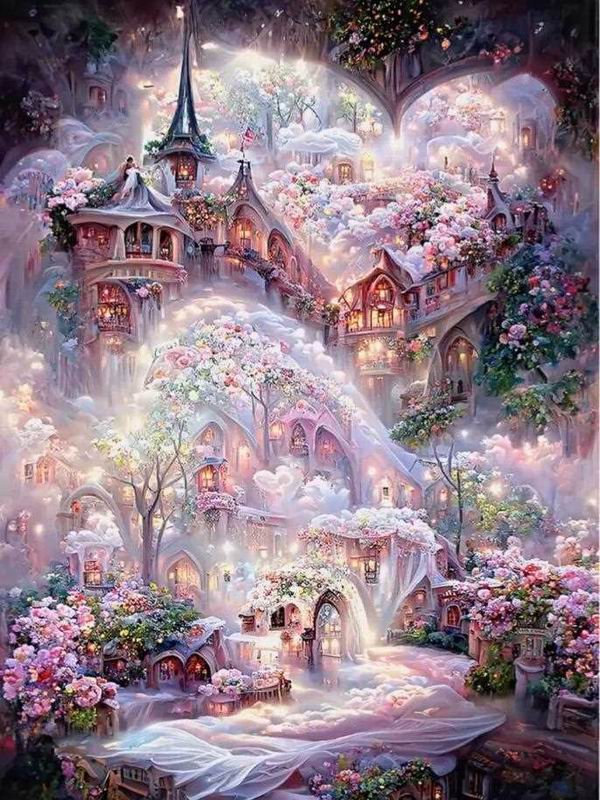 Алмазная картина Романтический розовый пейзаж Дом Diy Полный квадратный круглый дрель Горный хрусталь Вышивка Фэнтезийный замок Мозаика Наборы для вышивки крестом Настенный декор