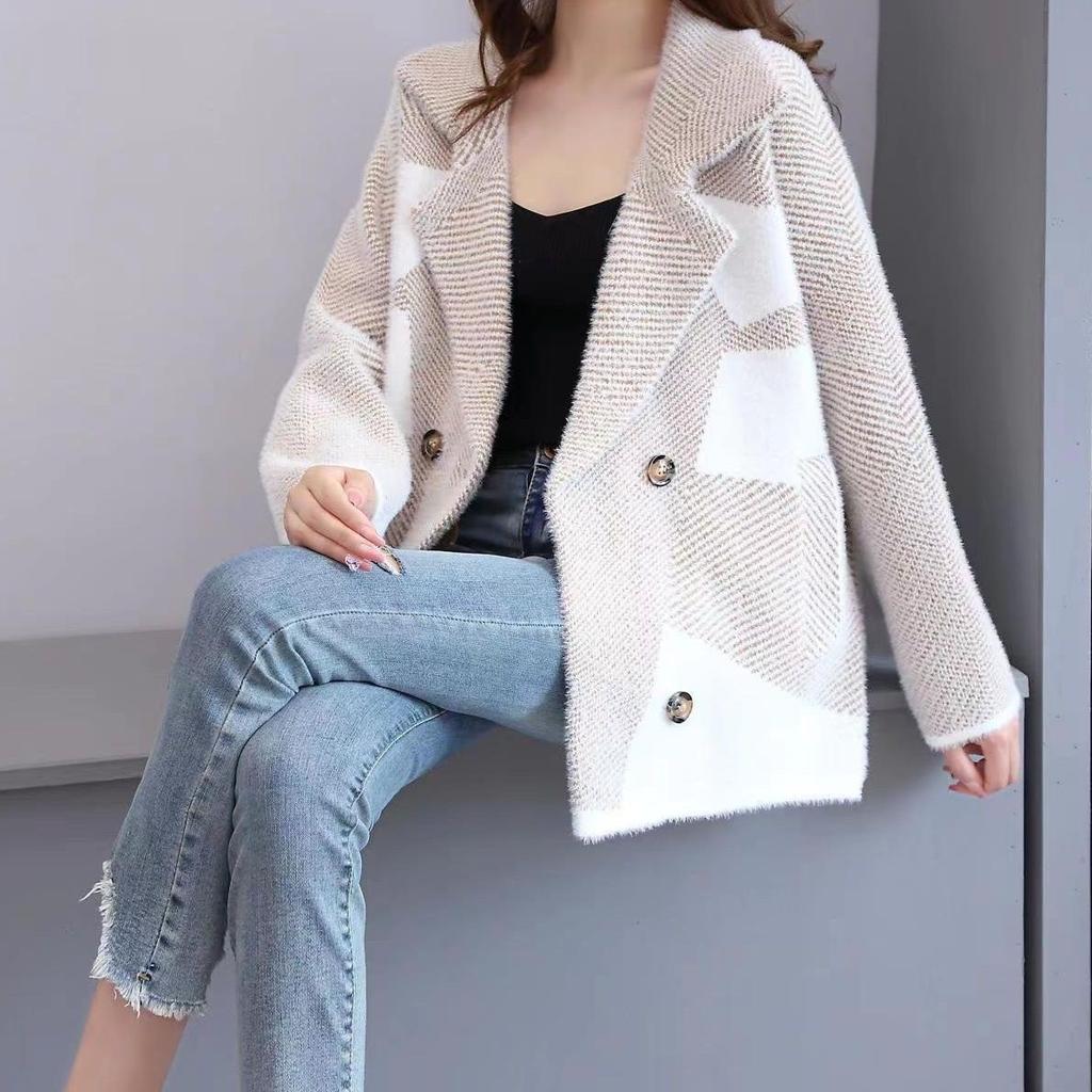 Autumn and Winter Thick Mink Velvet Women's Coat Loose with Suit Collar Knitted Cardigan Sweater Women's Outer Match