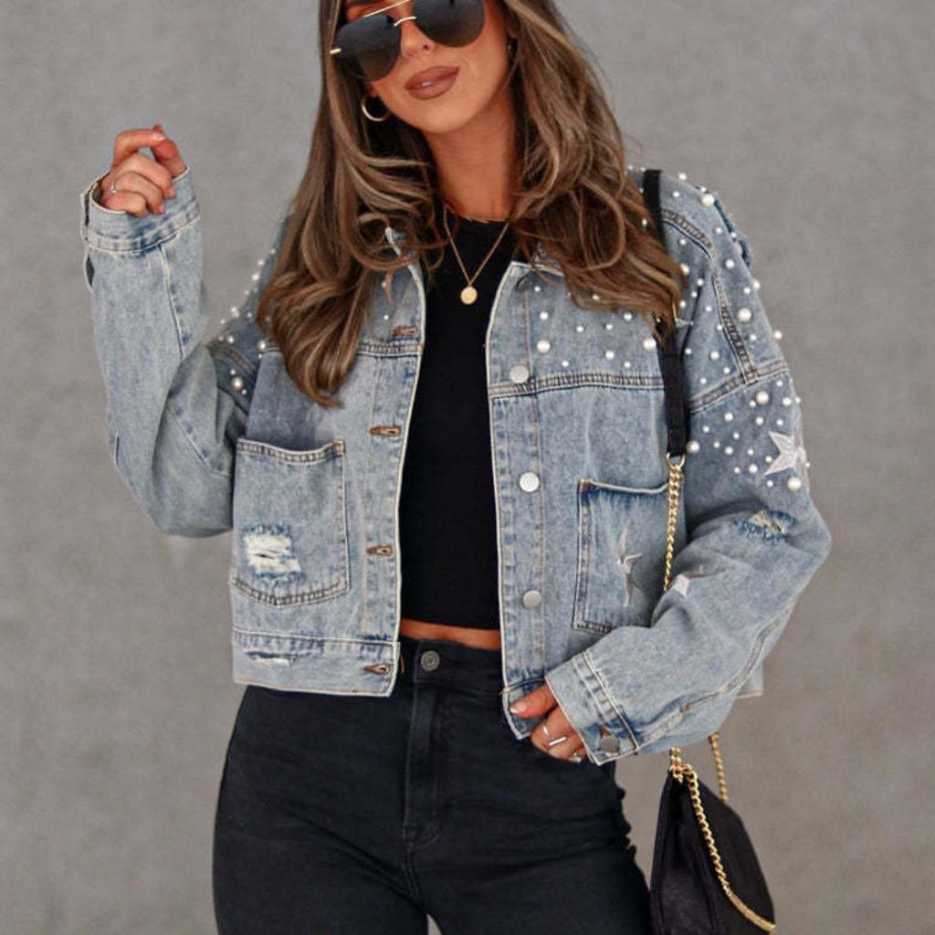 IHUASU Модная женская свободная джинсовая куртка Heavy Industry с бисером