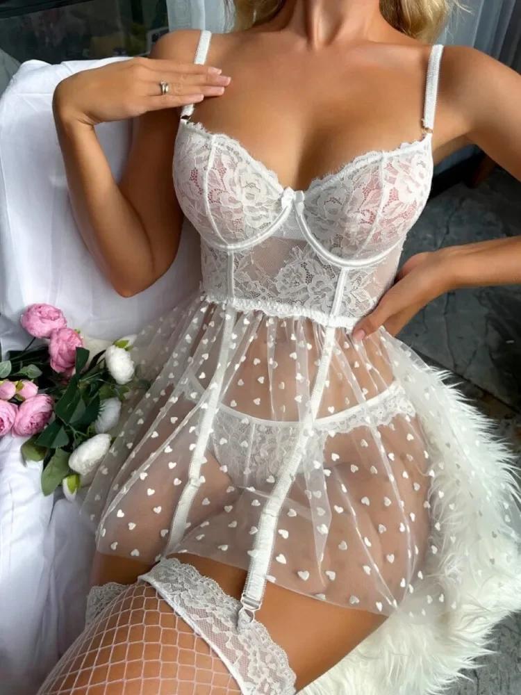 Porn Women Sexy Underwear Lingerie White Lace Mesh Transparent Dress with Garter Thongs Sets Erotic Teddy Babydoll