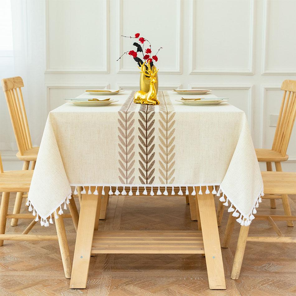Embroidery Anglicanum Tassel Tablecloth Cotton Linen Dust Proof Table Cover For Kitchen Dining Room Home Party Tabletop Decor