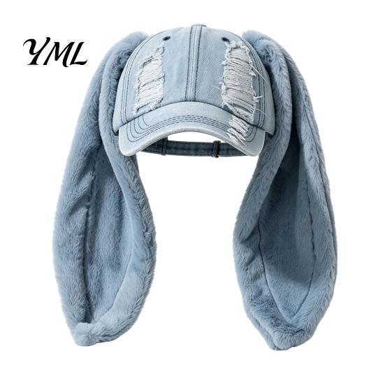 Punk Baseball Cap with Plush Rabbit Ears, Washed Distressed Peaked Hat for Casual Windproof Winter, Long Bunny Ear Dance Party Show Festivals
