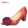 Aphixta New 7cm Square Heel Patent Leather Shoes Women Pumps Dark Green Flowers Officile Pointed Toe Plus Size 49 50