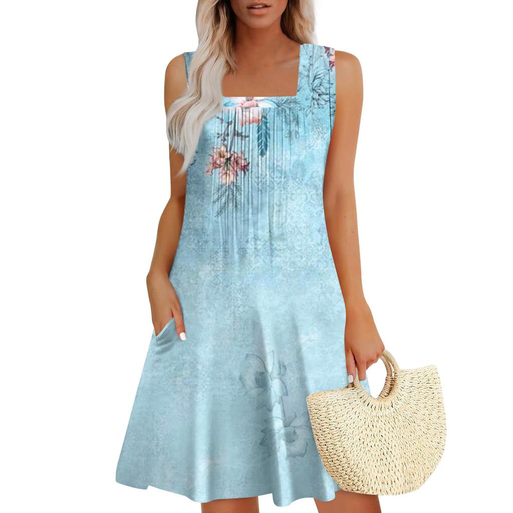 Женские летние платья Свободные сарафаны без рукавов Платье с карманами