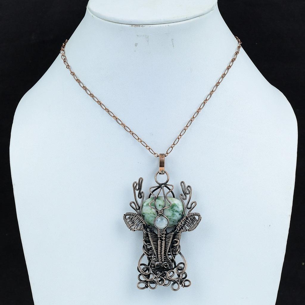 Подвеска из древесного агата, подвеска из радужного лунного камня, подвеска из медной проволоки, ювелирные изделия из драгоценных камней, подвеска в виде оленьей морды, подвеска ручной работы, подарки для жены