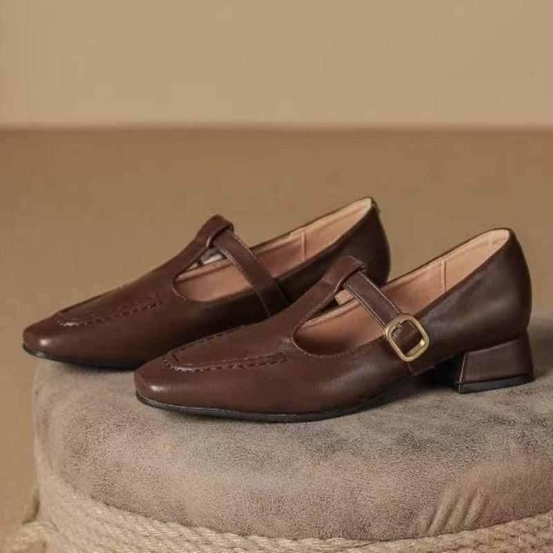 Осенние туфли-лодочки в стиле ретро с мягким верхом, средним каблуком, темпераментной пряжкой, удобным толстым каблуком, одинарные женские туфли
