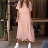 Plus Size Women's Summer Loose Casual Solid Colour Short Sleeve Cotton Linen Dress Long Dress