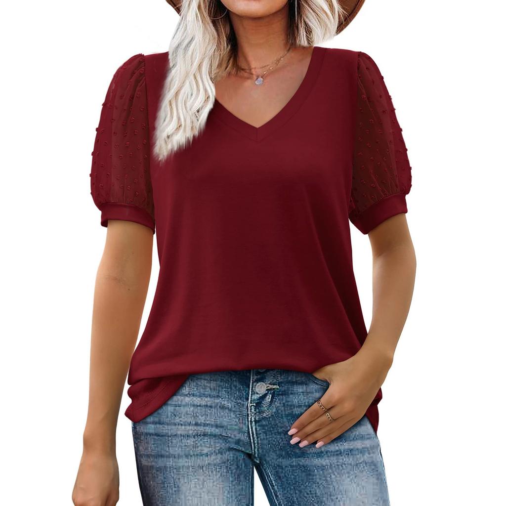 Женские повседневные свободные рубашки с v-образным вырезом и короткими рукавами, топы с пышными рукавами, футболки