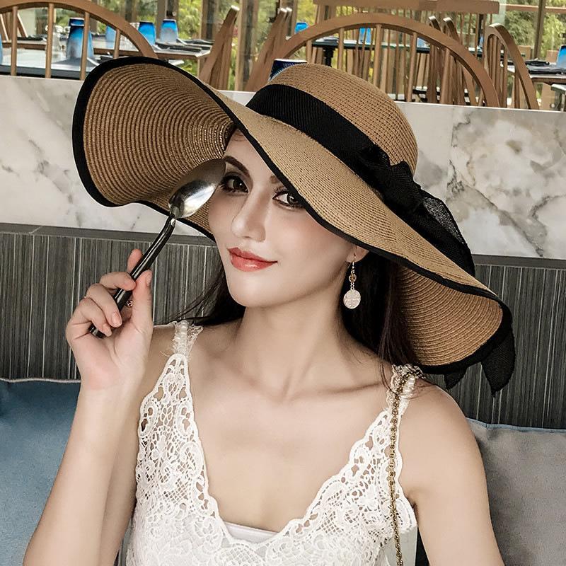 Seaside Resort Straw Hat Women's Big Brim Sun Protection Hat Foldable Bow Beach Hat UV Protection Hat Versatile Versatile