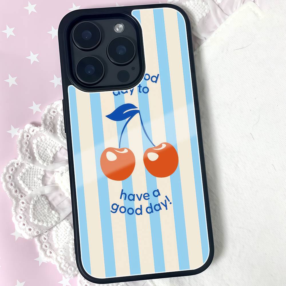 Retro Cherry Good Day Phone Case Black Hard Plastic Phone Case For Iphone 17 Air 16 15 14 13 12 11 Pro Max PC TPU Ins Case