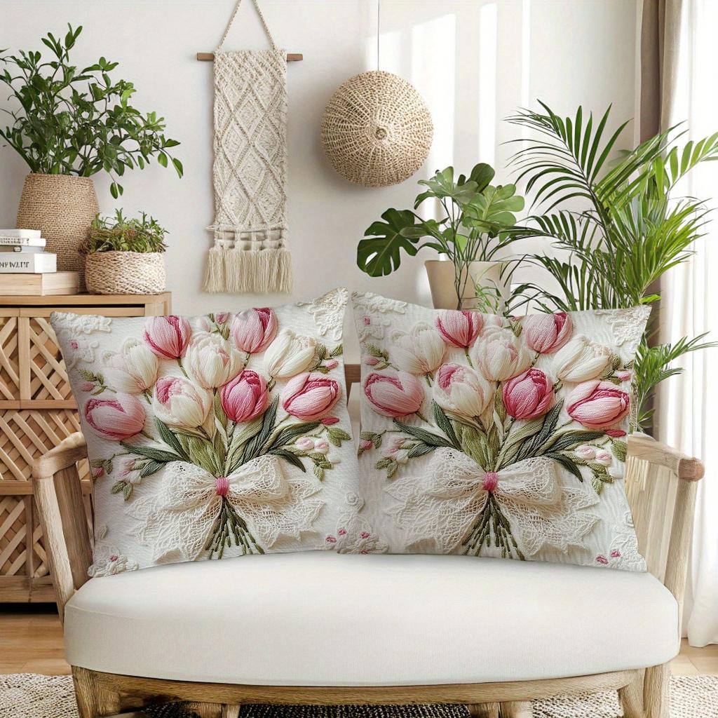 1Pcs, Short Plush Charming Tulip Print Throw Pillow Covers, Delicate Lace - Accented Tulip Decor Cushion Covers,