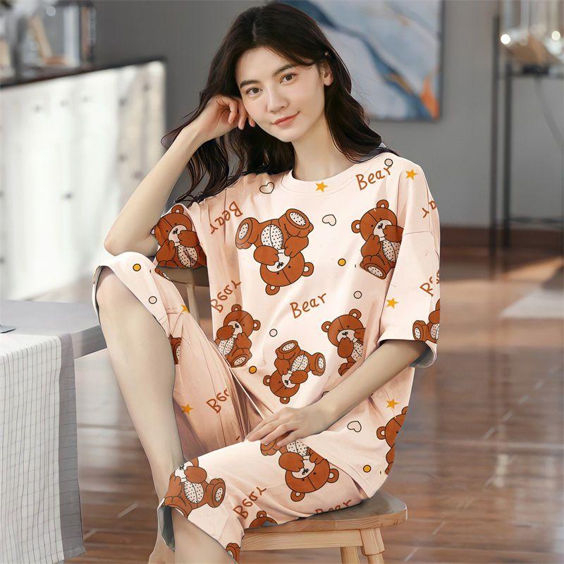 Летние капри в клетку женские пижамы для сна с короткими рукавами пижамные комплекты с рисунком пижамы из полиэстера 3XL 5XL домашняя мода