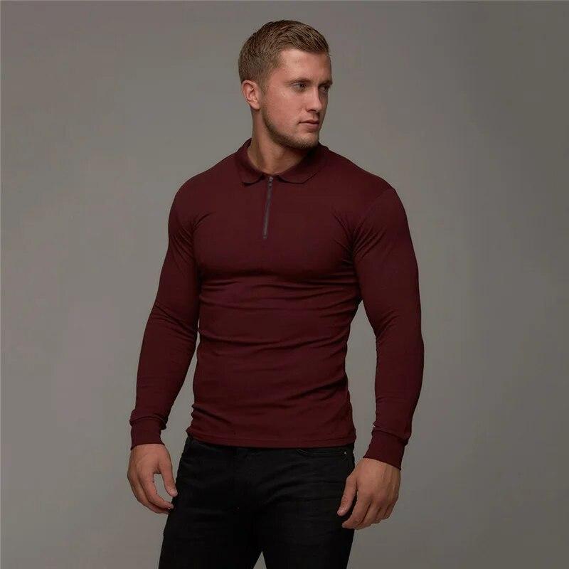 Muscleguys Новая осенняя рубашка-поло из стрейч-хлопка для бодибилдинга, мужские однотонные топы с длинными рукавами для тренажерного зала и фитнеса